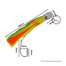 Load image into Gallery viewer, Swimerz Trolling Lure Rigs, 95gm, 23cmL, Size 8/0 Hook, Lime Spider, 2 pack