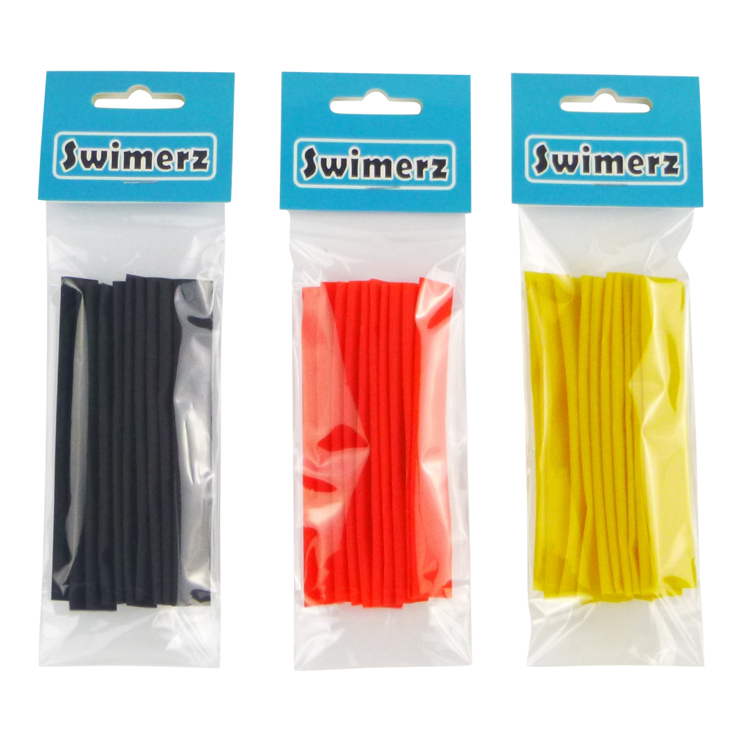 Swimerz Assist Hook Sleeves, 8/10mm Shrink Tube, Black, Yellow & Red, 100mm. Qty 30.
